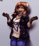 5_fingers anthro bottomwear brown_eyes brown_hair clothing denim denim_bottomwear denim_clothing female fingers fur hair horn jacket jeans leaning open_mouth pants shirt simple_background solo topwear kawfee bovid caprine mammal 2017 digital_media_(artwork) hi_res shaded