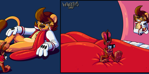 3_toes 4_fingers anthro big_feet cartoon_gloves claws duo feet finger_claws fingers inside_mouth macro male male/male mawplay micro mischievous mischievous_smile oblivious open_mouth pawpads paws prank red_tongue size_difference smug_expression smug_eyes smug_face smug_grin soft_vore soles toe_claws toes tongue tongue_out toony vore marquis2007 liam_(tamerkoh) roderick_(tamerkoh) felid lagomorph leporid lion mammal pantherine rabbit absurd_res alpha_channel hi_res