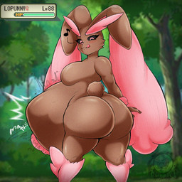 abdominal_bulge ambiguous_gender ambiguous_prey anthro anthro_pred belly big_belly big_breasts big_butt black_sclera breasts brown_body brown_fur bubble_butt butt cheek_tuft cotton_tail eyelashes facial_tuft featureless_breasts female female_anthro female_pred female_symbol floppy_ears forest fur game_ui gameplay_mechanics gender_symbol gui health_bar huge_belly huge_butt huge_ears hyper hyper_belly level_number licking licking_lips looking_back lop_ears muffled_scream multicolored_body multicolored_fur musical_note musical_symbol onomatopoeia pink_body pink_eyes pink_fur plant rear_view same_size_vore shrub side_boob smile solo sound_effects struggling struggling_prey symbol text tongue tongue_out tree tuft vore lepurplel nintendo pokemon generation_4_pokemon lopunny pokemon_(species) shiny_pokemon 1:1 2026 digital_media_(artwork) hi_res
