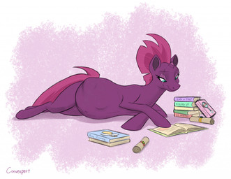 abdominal_bulge book broken_horn eye_scar facial_scar female feral half-closed_eyes horn lying mane narrowed_eyes navel nude on_front open_book outie_navel pregnant pregnant_female pregnant_feral reading reading_book scar scroll smile solo text convexpert friendship_is_magic hasbro my_little_pony my_little_pony:_the_movie_(2017) tempest_shadow_(mlp) equid equine horse mammal pony 2021