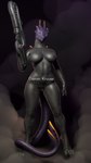 anthro armor breasts clothing female glowing glowing_eyes horn solo spines suit tail tall thick_thighs under_armor underwear weapon apulaz mythology phegi alien dragon humanoid mythological_creature mythological_scalie scalie 9:16 absurd_res hi_res