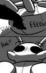 2_panel_comic ambiguous_gender antennae_(anatomy) black_eyes black_text butt butt_grab exclamation_point eyebrows fingers hand_on_butt lying mostly_offscreen_character on_back on_ground question_mark slap_(sound_effect) solo sound_effects text white_text skeletorskeletonized hollow_knight team_cherry bretta_(hollow_knight) arthropod beetle insect 2020 comic digital_media_(artwork) english_text hi_res female_(lore)