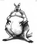 3_toes anthro belly belly_fondling belly_overhang big_belly claws clothed clothing feet fur hand_on_belly holding_belly love_handles male moobs obese obese_anthro obese_male overweight overweight_anthro overweight_male simple_background smile solo standing toe_claws toes topless white_background aokamidu grey_kangaroo kangaroo macropod mammal marsupial greyscale monochrome