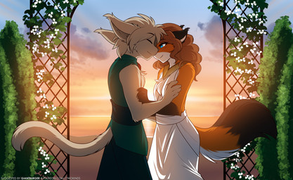 anthro arm_tuft blue_eyes blush cheek_tuft chest_tuft clothed clothing detailed_background dipstick_tail dress duo ear_tuft elbow_tuft embarrassed eyes_closed facial_tuft female fur gloves_(marking) hair looking_at_another male markings outside romantic romantic_couple seaside smile sunset tail tail_markings tan_body tan_fur text tuft wedding_dress conditional_dnp tom_fischbach twokinds keith_keiser laura_(twokinds) basitin canid canine fox keidran mammal red_fox true_fox 2023 adobe_photoshop_(artwork) colored digital_media_(artwork) hi_res url