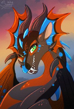 attack fangs fantasy open_mouth smile smiley_face smirk solo sunset teeth wings_tied yellow_eyes sunny_way art_fight artfight mythology wings_of_fire dragon mythological_creature mythological_scalie rainwing_(wof) scalie tropical_dragon bust_portrait hi_res portrait