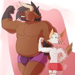 anthro belly bulge clothed clothing contest duo gift horn male muscular pose presenting size_difference slim smile topless underwear galo khayen khayen_(character) bovid bovine cattle domestic_cat felid feline felis mammal 1:1 2020 absurd_res digital_media_(artwork) hi_res