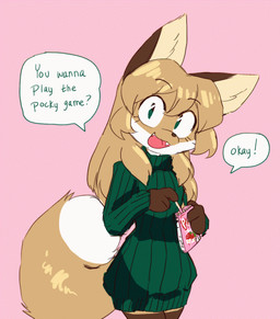 anthro bangs big_tail blush bodily_fluids brown_body brown_fur brown_hair brown_nose clothing cute_fangs dialogue dipstick_tail eating eyebrow_through_hair eyebrows eyelashes fangs female female_anthro food fur gloves_(marking) green_clothing green_eyes hair holding_food holding_object inner_ear_fluff leg_markings long_hair looking_at_viewer looking_down markings motion_lines multicolored_body multicolored_fur open_mouth pink_background question simple_background socks_(marking) solo sound_effects speech_bubble standing sweat sweatdrop sweater tail tail_markings teeth text topwear translucent translucent_hair tuft turtleneck two_tone_body two_tone_fur white_body white_fur conditional_dnp fiddleafox pocky averi_(fiddleafox) canid canine fox mammal red_fox true_fox animated english_text