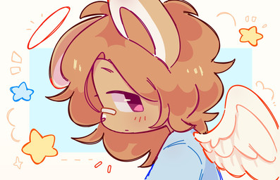 ambiguous_gender anthro blue_clothing blue_shirt blue_topwear brown_body brown_fur brown_hair clothing feathered_wings feathers fur hair looking_at_another pink_eyes shirt side_view solo topwear white_wings wings louloous canid canine mammal 2026 colored colored_sketch digital_drawing_(artwork) digital_media_(artwork) hi_res shaded sketch