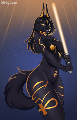 anthro arm_tattoo big_breasts black_body black_hair breasts facial_tattoo female hair holding_lightsaber leg_tattoo lightsaber looking_at_viewer melee_weapon nipples nude simple_background solo tattoo weapon yellow_lightsaber dirtyjace star_wars roxanne_(anubisgod) anubian_jackal canid canine canis jackal mammal digital_media_(artwork) hi_res