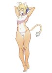 alternate_species anthro blonde_hair blush breasts eyes_closed featureless_breasts featureless_crotch female fur furrification hair kemono navel nude raised_arm simple_background snout solo standing white_background aruurara fate_(series) type-moon artoria_pendragon felid feline mammal 2018 hi_res