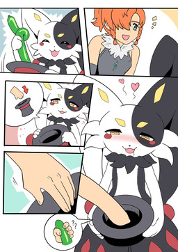 :3 anthro balloon black_body black_fur black_nose blue_eyes blush bodily_fluids cheek_tuft clothing drooling duo eyelashes facial_tuft female female_on_anthro fur hair handjob hat headgear headwear heart_eyes heart_symbol human_on_anthro inflatable interspecies jester magic_trick magician male male/female male_on_human markings multicolored_body multicolored_fur neck_tuft open_mouth open_smile orange_hair penile red_markings saliva sex smile speech_bubble top_hat tuft white_body white_fur yellow_eyes yellow_markings mrpuggu palworld pocketpair dupin_(pal) human lagomorph leporid mammal pal_(species) rabbit comic hi_res