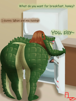appliance bent_over_with_legs_held_straight big_butt brown_eyes butt dialogue female fridge genitals huge_butt kitchen_appliance lips muscular nude pupils sharp_teeth slit_pupils solo talking_to_another talking_to_partner teeth text vulva flightlesslizard riley_(flightlesslizard) alligator alligatorid crocodilian reptile scalie 3:4 comic english_text hi_res