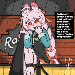 accessory ahoge anthro blush braided_hair braided_pigtails clothing crossed_legs dress ear_piercing female fur furniture hair heart_eyes heart_symbol laugh leash leash_pull leashed_viewer long_hair on_table piercing solo speech_bubble table text vanilla_road mihoyo zenless_zone_zero zhao lagomorph leporid mammal rabbit thiren 1:1 english_text