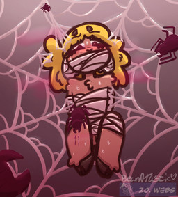 anthro arms_tied arthropod_webbing balls biped bite bite_mark blonde_hair blood bodily_fluids bound eyelashes genitals hair hooves hypnosis legs_tied male mind_control solo spider_web sweat sweatdrop bean0tastic hypnovember hypnovember2025 beanie_(bean0tastic) arachnid arthropod bovid caprine mammal sheep spider digital_drawing_(artwork) digital_media_(artwork) flat_colors hi_res