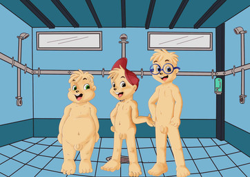 anthro balls blue_eyes brown_eyes casual_nudity clothing comparing eyewear flaccid genitals glasses green_eyes group hat headgear headwear male nude open_mouth penis shota shower teeth young young_anthro young_male kithawking alvin_and_the_chipmunks alvin_and_the_chipmunks_(1983) alvin_seville simon_seville theodore_seville chipmunk ground_squirrel mammal rodent sciurid absurd_res hi_res brother_(lore) brothers_(lore) sibling_(lore)