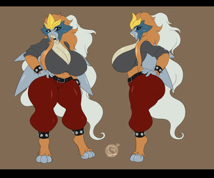 anthro anthrofied armband belt big_breasts big_butt black_bars blue_eyes bottomwear breasts brown_background brown_body brown_fur butt cleavage clothed clothing crop_top curvy_figure female fur grey_clothing grey_shirt grey_topwear hair hand_on_hip hand_on_leg hand_on_thigh huge_breasts multicolored_body nipple_outline pants pokemorph red_bottomwear red_clothing red_pants shirt simple_background solo spiked_armband spikes thick_thighs topwear two_tone_body voluptuous_anthro voluptuous_female white_hair conditional_dnp suirano nintendo pokemon entei generation_2_pokemon legendary_pokemon pokemon_(species) shiny_pokemon 2025 letterbox model_sheet signature watermark