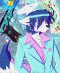 blue_tail_tip clothed clothing dipstick_tail gun looking_at_viewer markings multicolored_tail ranged_weapon smoking suit tail tail_markings vaporwave weapon saintversa microsoft microsoft_windows windows_vista canid canine mammal collage_(artwork) hi_res