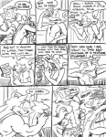 abs anthro athletic bed black_and_white canid canine clothing comic dialogue duo eager english_text erection fox furniture furry_porno genitals imminent_rape kitchen larger_male male male/male mammal monochrome muscular nude overalls penis plumber poop_(artist) presenting shower shy sink size_difference smaller_male tail text underwear