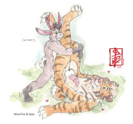 anal anal_penetration animal_genitalia animal_penis antlers bodily_fluids cum cum_in_ass cum_inside cum_on_belly cum_on_body cum_on_face cum_on_penis cum_on_self duo feline_genitalia feline_penis feral genital_fluids genitals grass heart_symbol horn humping lying male male/male markings on_back on_grass on_ground penetration penis plant sex size_difference size_play small_top_big_bottom striped_markings stripes text fennec_(artist) domestic_cat felid feline felis jackalope lagomorph mammal prehistoric_species saber-toothed_tiger werecreature hi_res