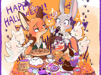 accessory alternative_fashion anthro blush bow_ribbon candy clothed clothing dessert doughnut female food fur furniture grey_body grey_fur group hair_accessory hair_bow hair_ribbon holding_object holidays j-fashion lolita_(fashion) looking_at_another male military_lolita muffin orange_body orange_fur pastry pie ribbons smile table text memegmu disney halloween zootopia judy_hopps nick_wilde american_red_fox canid canine fox ghost lagomorph leporid mammal rabbit red_fox spirit true_fox 2020 english_text hi_res