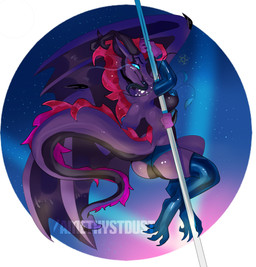 anthro armwear breasts claws clothing dancing elbow_gloves female gloves glowing glowing_eyes handwear horn jewelry latex legwear looking_at_viewer necklace non-mammal_breasts pasties pole pole_dancing solo spade_tail stockings tail underwear wings amethystdust mythology dragon mythological_creature mythological_scalie scalie