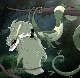 branch choker claws ear_piercing eyelashes female feral forest forest_background grass green_body green_hair hair jewelry long_hair looking_at_viewer nature nature_background necklace on_branch piercing plant red_eyes solo tail tree pythea nintendo pokemon generation_5_pokemon pokemon_(species) reptile scalie serperior snake 2026 hi_res signature