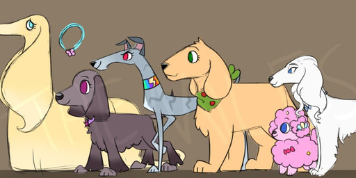 alternate_species blue_collar blue_eyes bow_ribbon brown_background collar collar_only collar_tag female feral fluffy fur fur_tuft green_eyes green_kerchief group kerchief lineup long_fur nude pink_body pink_fur purple_collar purple_eyes quadruped rainbow_collar red_eyes short_fur side_view simple_background size_difference smile standing tail tan_body tan_fur tuft white_body white_fur themiles friendship_is_magic hasbro my_little_pony applejack_(mlp) fluttershy_(mlp) pinkie_pie_(mlp) rainbow_dash_(mlp) rarity_(mlp) twilight_sparkle_(mlp) afghan_hound bird_dog canid canine canis cocker_spaniel domestic_dog greyhound hunting_dog irish_setter labrador mammal poodle retriever setter sighthound spaniel