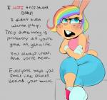 anthro blue_eyes buckteeth clothed clothing crossed_arms dialogue femboy freckles grumpy hair insult insulting_viewer male multicolored_hair rainbow_hair rude solo teeth text thick_thighs wide_hips vimhomeless bonkers_(vimhomeless) lagomorph leporid mammal rabbit absurd_res english_text hi_res