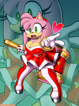 accessory anthro big_breasts black_nose boots bracelet breasts cleavage clothed clothing dress eyelashes female footwear front_view fur gloves green_eyes hair hair_accessory hairband hammer handwear heart_symbol holding_hammer holding_object holding_tool holding_weapon jewelry knee_boots knee_highs legwear long_hair open_mouth pink_body pink_fur pink_hair red_boots red_clothing red_dress red_footwear shoes solo tan_body tan_fur thick_thighs tools weapon white_clothing white_gloves white_handwear wide_hips omegasunburst sega sonic_the_hedgehog_(series) amy_rose eulipotyphlan hedgehog mammal 3:4 absurd_res hi_res