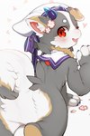 ambiguous_gender anthro blush butt featureless_ass flower heart_symbol horn kemono looking_at_viewer looking_back open_mouth plant red_eyes simple_background smile solo white_background mofuaki 2021