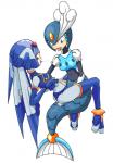 armor bodily_fluids duo female grinding machine saliva saliva_string simple_background split_form tongue white_background unknown_artist capcom mega_man_(series) mega_man_zero megaman_(classic) fairy_leviathan splash_woman humanoid marine merfolk robot