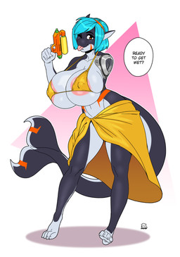 amputee anthro big_breasts big_nipples bikini blue_hair breasts clothing curvy_figure disability female female_anthro fin geometric_background hair huge_breasts looking_at_viewer multicolored_body nipples orange_eyes robot_arm simple_background solo speech_bubble swimwear tail tail_fin tongue tongue_out toy toy_gun two-piece_swimsuit two_tone_body water_gun wide_hips yellow_bikini yellow_clothing yellow_swimwear boosterpang aya_nalya cetacean dolphin mammal marine oceanic_dolphin orca toothed_whale 2021 digital_drawing_(artwork) digital_media_(artwork) full-length_portrait hi_res portrait