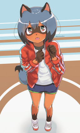 anthro black_body black_fur black_hair blue_body blue_eyes blue_fur blue_hair bottomwear brown_body brown_fur clothed clothing cute_fangs fangs female fluffy fluffy_tail footwear fur hair jacket kemono looking_at_viewer multicolored_body multicolored_fur multicolored_hair shoes shorts solo tail teeth topwear denjiyuudou brand_new_animal studio_trigger michiru_kagemori canid canine mammal raccoon_dog tanuki 3:5 absurd_res hi_res
