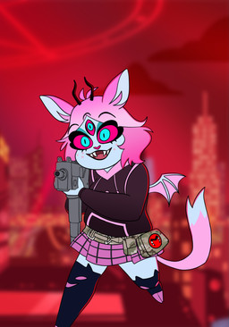 3_eyes anthro back_wings bandolier blue_eyes blurred_background bottomwear city city_background clothing dipstick_tail female footwear freckles gun hair hoodie jewelry mac-10 markings membrane_(anatomy) membranous_wings multi_eye necklace open_mouth open_smile pink_hair pink_sclera ranged_weapon red_sky skirt sky smile socks solo submachine_gun tactical_gear tail tail_markings topwear weapon wings aceshellshocked hellaverse helluva_boss emberlynn_pinkle felid felid_demon mammal sinner_demon absurd_res hi_res