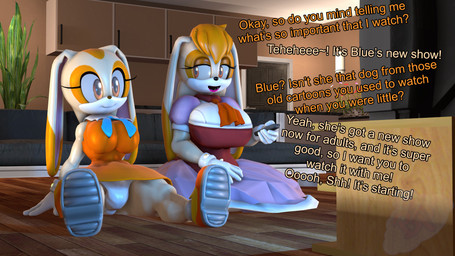 anthro big_breasts breasts clothing dialogue dress duo electronics female hair orange_hair panties ribbons sitting tan_body television text underwear young bootypatootie sega sonic_the_hedgehog_(series) cream_the_rabbit vanilla_the_rabbit lagomorph leporid mammal rabbit 16:9 3d_(artwork) absurd_res digital_media_(artwork) hi_res story story_in_description widescreen daughter_(lore) mother_(lore) mother_and_child_(lore) mother_and_daughter_(lore) parent_(lore) parent_and_child_(lore) parent_and_daughter_(lore)