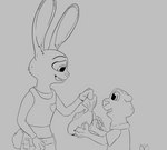 anthro badge clothing cringing female gift gift_tag grey_background male simple_background standing tail tail_motion tailwag text uniform a-signature disney zootopia judy_hopps fish lagomorph leporid mammal marine mustelid otter rabbit hi_res monochrome