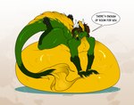 anthro belly big_belly digestion fully_inside fur green_body green_fur horn huge_belly hyper hyper_belly long_tail male solo tail text vore yellow_body yellow_fur cmitchell zeekule english_text hi_res