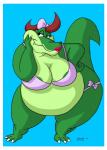 anthro areola belly big_belly big_breasts border breasts claws clothed clothing curvy_figure female green_body lipstick makeup non-mammal_breasts overweight overweight_anthro overweight_female solo toe_claws voluptuous white_border neko_no_hito tiny_toon_adventures warner_brothers big_boo crocodile crocodilian reptile scalie hi_res