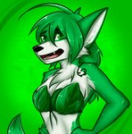 anthro bikini blinking clothed clothing female fur green_body hair happy leaf_bikini leaf_clothing simple_background solo swimwear tuft two-piece_swimsuit mabaya bloodline bloodline_(webcomic) ariah_(bloodline) canid canine canis mammal wolf animated low_res short_playtime subtle_animation