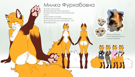 anthro areola big_tail breasts claws clothed clothing feet female foot_focus genitals huge_tail nude pawpads paws presenting presenting_vulva rear_view solo standing tail teeth text tongue tongue_out underwear vulva kiesht milka_(lisyart) canid canine fox mammal absurd_res hi_res model_sheet russian_text translated