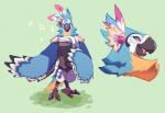 2017 3_toes accessory anklet anthro armor avian avian_feet beak belt biped bird black_beak black_body black_claws black_feathers black_wings blue_body blue_feathers blue_tail blue_wings bottomwear breastplate breath_of_the_wild chest_tuft claws clothing countershade_tail countershade_torso countershading digital_drawing_(artwork) digital_media_(artwork) eye_markings eyelashes eyeshadow fanny_pack feather_tuft feathered_crest feathered_wings feathers feet femboy flower flower_in_hair footwear front_view full-length_portrait green_background grey_body grey_skin ground-lion hair hair_accessory half-closed_eyes head_crest head_tuft headshot_portrait jewelry kass_(tloz) leather leather_armor looking_at_viewer looking_down loose_feather makeup male map markings midriff multicolored_body multicolored_feathers multicolored_wings multiple_poses musical_note narrowed_eyes neck_tuft nintendo open_beak open_mouth open_smile pants pauldron pink_tongue plant portrait pose rito scarf shadow side_view simple_background singing smile solo standing tail tail_feathers talons the_legend_of_zelda toe_claws toeless_footwear toes tongue tuft two_tone_tail white_body white_bottomwear white_clothing white_feathers white_wings winged_arms wings yellow_body yellow_countershading yellow_feathers yellow_tail yellow_wings