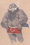 5_fingers anthro biceps biped black_nose blue_body blue_fur blush bottomwear boxer_briefs bulge chest_tuft clothed clothing fangs fingers fur grin hairy hands_on_hips male muscular muscular_anthro muscular_male navel nipples pecs pose red_clothing red_eyes red_underwear shorts slightly_chubby smile solo standing tail teeth topless tuft underwear white_body white_fur yellow_sclera rome_(artist) canid canine canis mammal wolf source_request