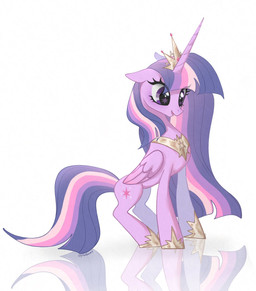 crown female feral gold_(metal) hair headgear horn jewelry long_hair necklace reflection smile solo star_eyes wings petaltwinkle friendship_is_magic hasbro my_little_pony mythology queen_twilight_(mlp) twilight_sparkle_(mlp) equid equine mammal mythological_creature mythological_equine winged_unicorn hi_res