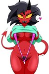 black_hair bodily_fluids breasts clothed clothing female genital_fluids hair horn nipples open_mouth open_smile partially_clothed pubes red_body smile solo tail teeth thick_thighs vaginal_fluids wallyroo helluva_boss millie_(helluva_boss) demon demon_humanoid humanoid imp absurd_res hi_res