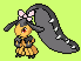 anthro big_breasts black_body bow_ribbon breasts fangs female green_background hand_on_breast looking_at_viewer pink_ribbon red_eyes simple_background smile solo standing teeth yellow_body chaoskres third-party_edit don't_attack_me_mawile nintendo pokemon generation_3_pokemon mawile pokemon_(species) 2026 digital_media_(artwork) meme pixel_(artwork)