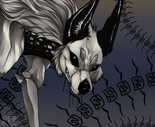 ambiguous_fluids black_fluid black_inner_ear black_nose black_sclera bone cheek_tuft collar facial_tuft fangs feral fluffy fur looking_at_viewer male open_mouth open_smile smile solo spiked_collar spikes teeth tuft white_body white_fur shyryp ktyr_(shyryp) canid canine canis mammal wolf absurd_res digital_media_(artwork) hi_res monochrome