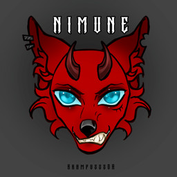 ambiguous_gender anthro blue_eyes chibi feral fur horn lobotomizeriv nimune red_body red_fur smile solo sparkles sparkling_eyes teeth_showing text krampuzzz krampuzzzda canid canine canis demon hybrid mammal wolf wolf_demon animated headshot_portrait hi_res loop portrait