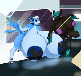 3_fingers 4_ears 4_toes anthro big_breasts biped black_body black_breasts black_claws black_eyes black_feathers black_scutes black_tail blue_body blue_breasts blue_eyes blue_feathers blue_hair blue_nipples blue_sclera blue_tail blue_tail_feathers breasts claws cosmic_background duo feather_hair feathered_wings feathers feet female female/female female_anthro fingers genitals green_body green_feathers grey_sclera hair huge_breasts hyper hyper_breasts inside looking_at_another looking_at_breasts multi_ear nipples non-mammal_breasts nude pseudo_hair purple_nipples scutes space space_background spacecraft standing tail tape_measure toes vehicle vulva white_hair winged_arms wings jessesmash32 ralena/ralaku rhai_(sikata) avali avian 2022 hi_res herm_(lore)