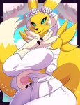 2022 absurd_res anthro arm_under_breasts bandai_namco big_breasts big_tail black_sclera blue_eyes breasts bride canid cherry_blossom cherry_tree claws clothed clothing digimon digimon_(species) dress female fluffy fluffy_tail fruit_tree fully_clothed fur hi_res huge_breasts looking_at_viewer mammal mature_female neck_tuft outside pawpads plant renamon snappygrey solo tail tree tuft wedding_dress wedding_veil wide_hips yellow_body yellow_fur