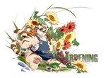 anthro apron balls belly clothing eyewear flower genitals glasses humanoid_hands male overweight overweight_anthro overweight_male plant sitting solo text rubberbark felid mammal pantherine tiger 2020 absurd_res hi_res